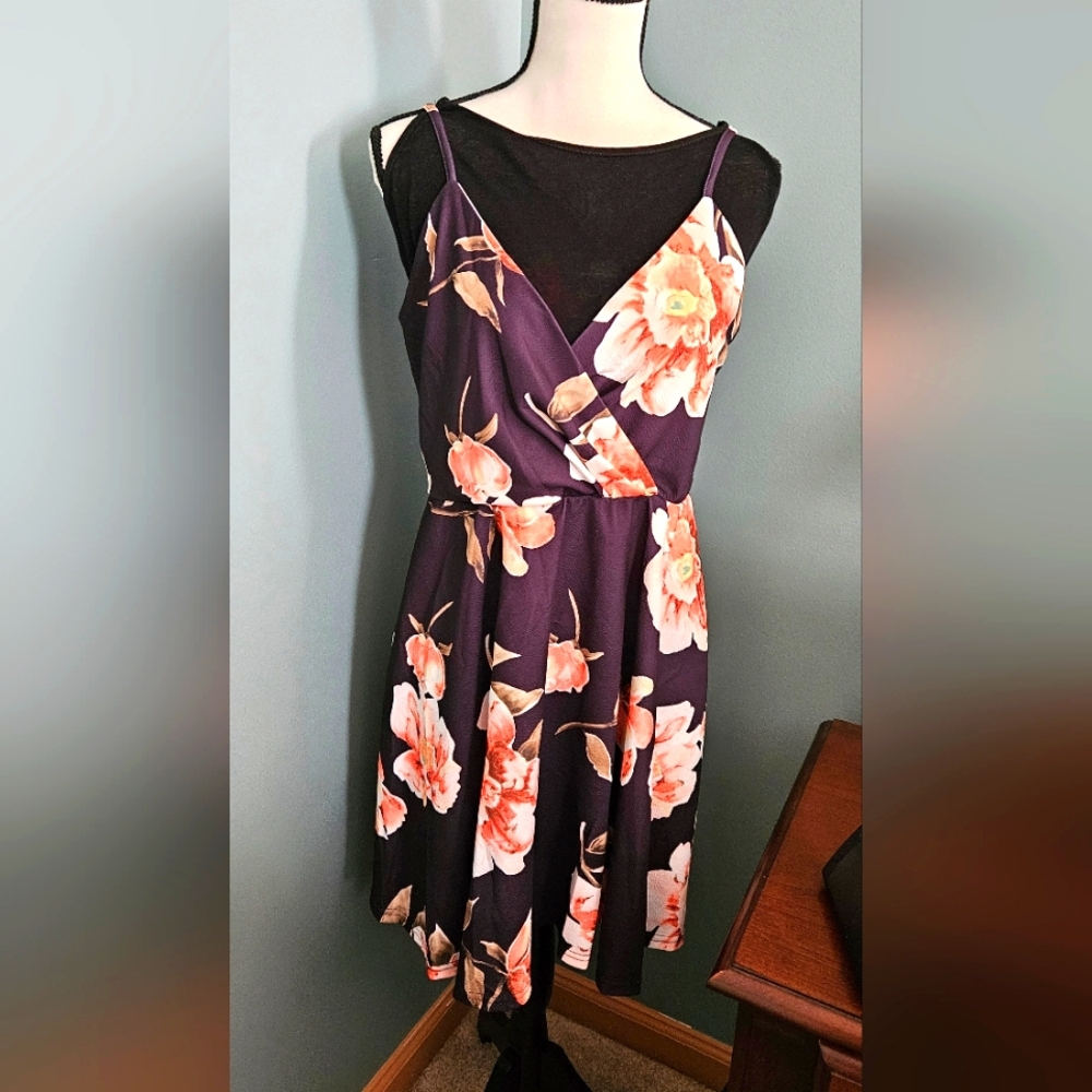 Floral Wrap Dress - Black and Peach